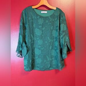 Grace Karin Emerald Green Floral Burnout Blouse XL Sheer Bell Sleeves
